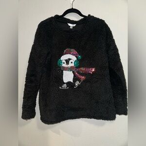 Time And Tru Fleece Winter Sequin Skating Penguin Black Size M Sweatshirt